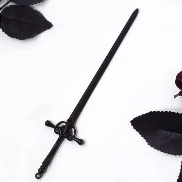 Gothic Deep Black Sword For Hair, engraved details unique design, hair accessory - Picture 4 of 5